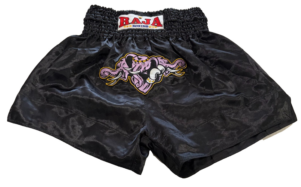 RAJA Boxing Muay Thai Shorts Black Satin Embroidered Elephant Made Thailand